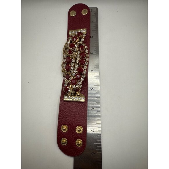 Red & Gold Chain Rhinestone Leather Snap Bracelet - Picture 7 of 7